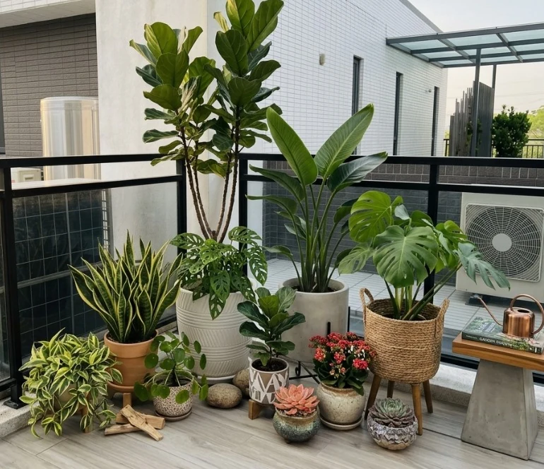 住宅 | 露台自然風大型觀葉植物與編織盆器